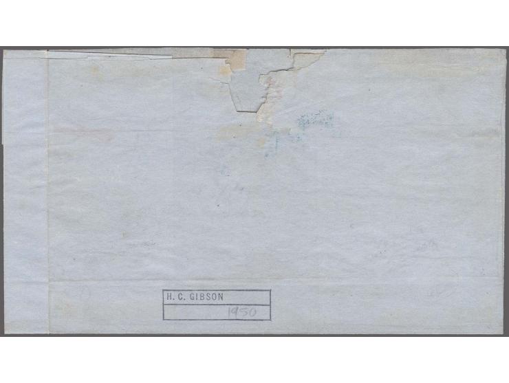 5 c. orange brown, three singles with good to large margins with blue grid on folded lettersheet with adjacent blue "20" and 