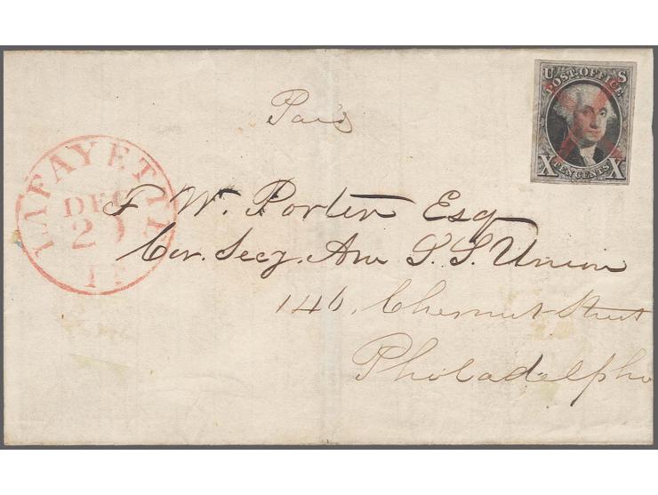 1847, Washington 10c. black, ample to large margins all round, with red "X" cancellation on folded lettersheet to Philadelphi
