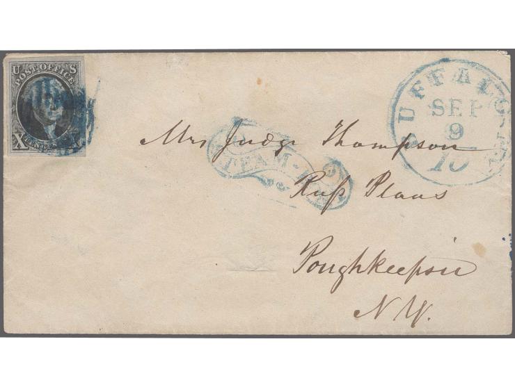 1847, Washington 10 c. black, fresh colour and wide margins all round, tied by blue grid cancel to cover with matching fancy 
