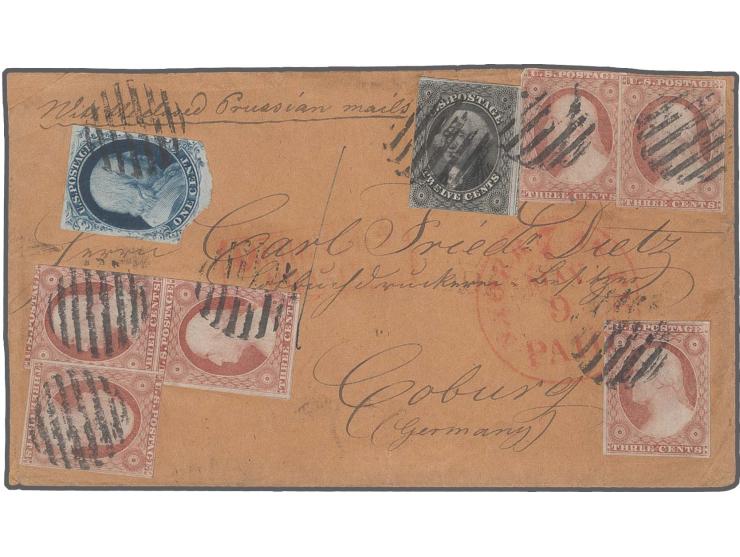 1851, Franklin 1c. blue, Type Ia, position 92L4, and 3c. dull red vertical pair and four singles and 12c. black, all tied by 