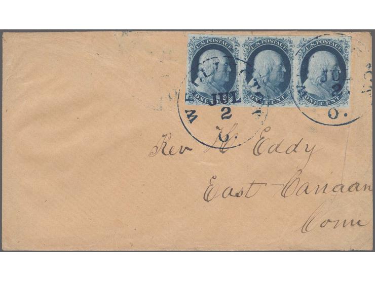 1c. blue, type II, horizontal strip of three in deep colour and with very good impression, large margins to just clear at bot