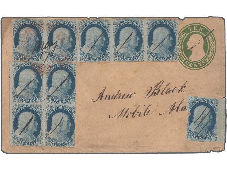 1 c. blue, type II, block of four, position 74/85L2, horizontal strip of five, positions 61-65L2, and a right sheet margin si
