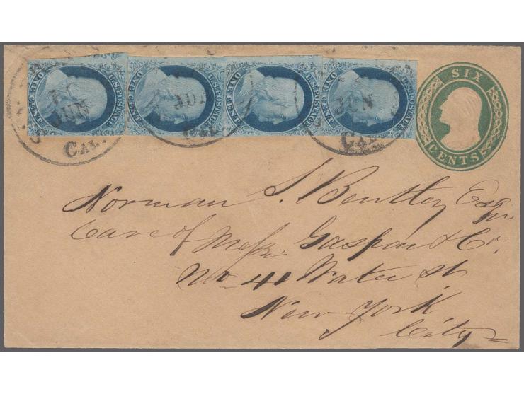 1c. blue, type IV(9), four singles arranged as vertical strip, mostly large to huge margins, but touched in some places, tied