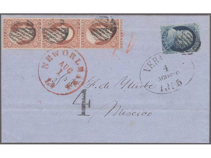 1c. blue, type IV, ample to touched margins, tied by grid and oval "VERA CRUZ  4 AGOSTO 1855" and 3c. dull red, vertical stri