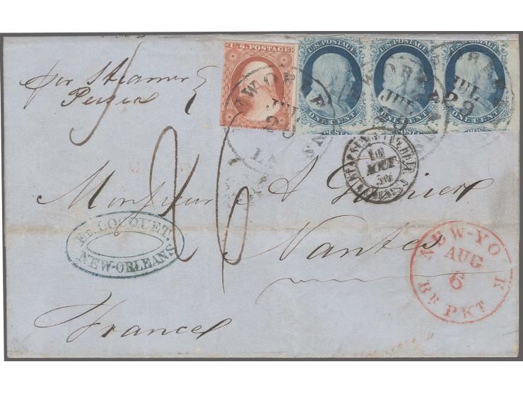 1c. blue, type IV, horizontal strip of three, huge margins to cut into and 3 c. dull red, no inner frame lines, all tied by c