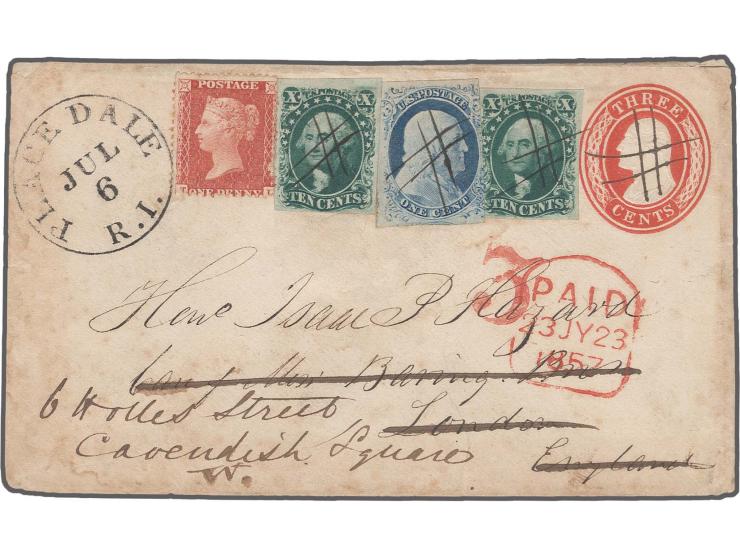 1c. blue, type IV, and two singles 10c. green each with pen cancellation as additional franking on envelope 3c. red to London