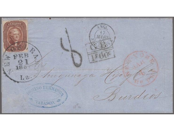 5c. red-brown, cut-into the outer frame line at bottom, otherwise good margins, tied by date stamp "NEWÂ ORLEANSÂ FEB 21 1857