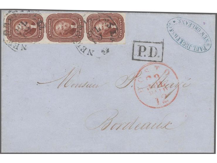 5c. red brown, vertical strip of three mostly full margins, close to just touched at right,  tied by cds. "NEW ORLEANS La. JU
