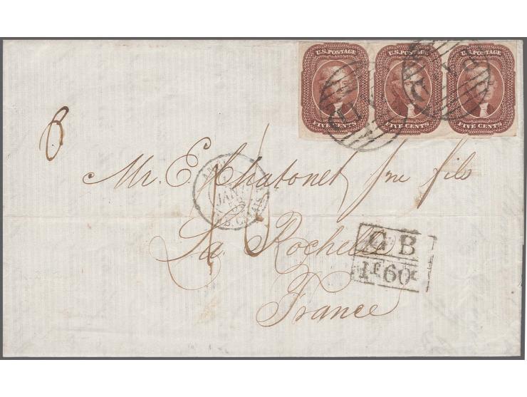 5 c. red-brown,Â  horizontal strip of 3, the left stamp tiny touched just at upper right, otherwise clear to very wide margin