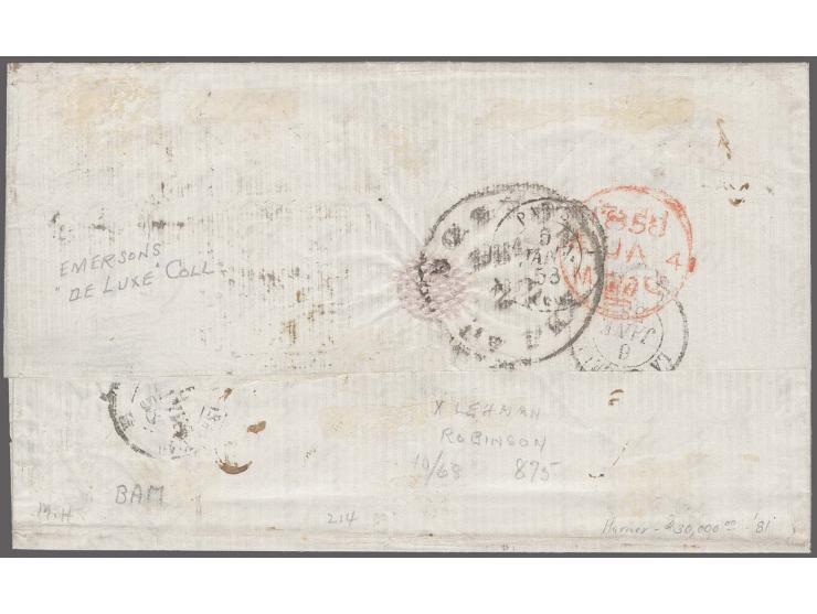 5 c. red-brown,Â  horizontal strip of 3, the left stamp tiny touched just at upper right, otherwise clear to very wide margin