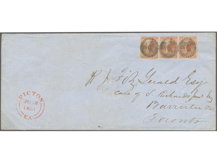 3 d. red, vertical strip of 3 with clear to large margins with black target cancel used on large size envelope with adjacent 