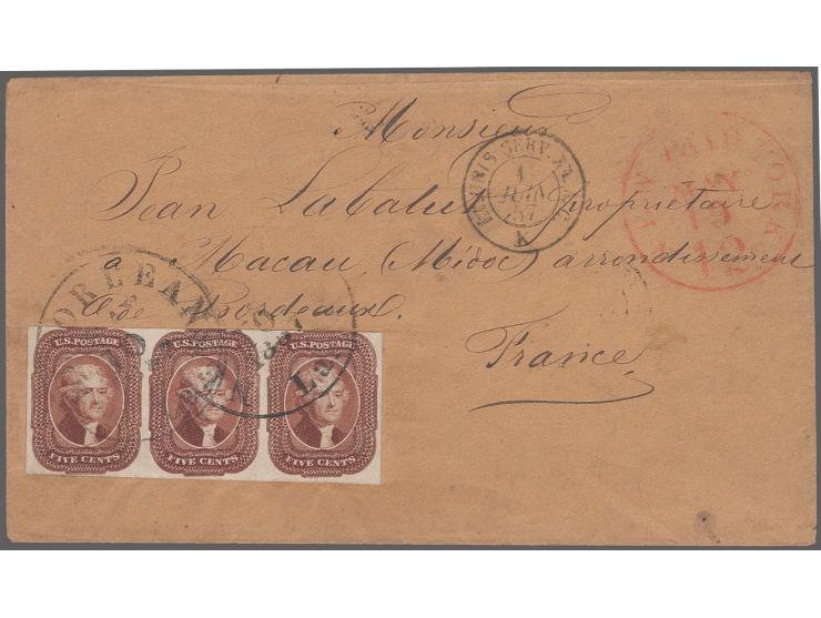 5c. red brown, horizontal strip of three, fresh colour and ample to full margins, just touched at top, tied by cds. "NEW ORLE