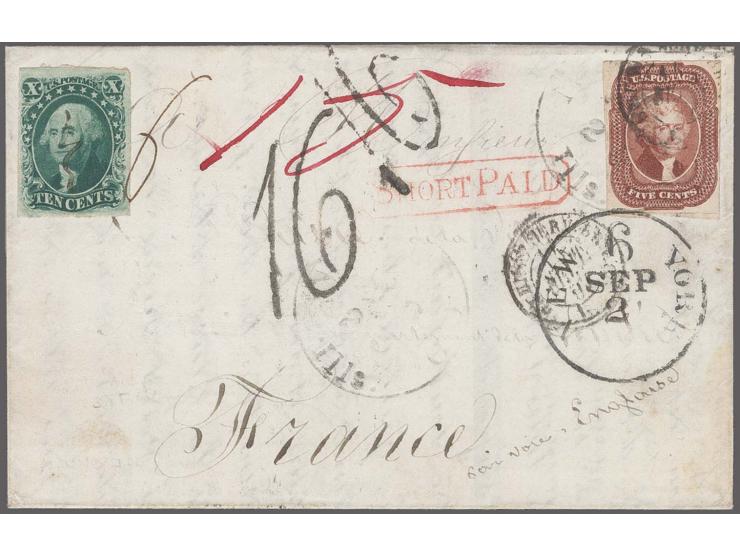 5 c. red brown and 10 c. green, type III, both fresh colour and ample to large margins all round, 5c. tied by French transit 