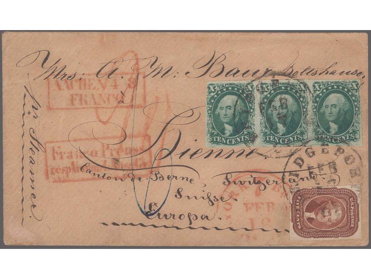 5c. red brown with full to large margins all round, and 10c. green, type II and III, horizontal strip of three, fresh colour 
