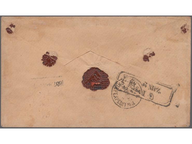 5c. red brown with full to large margins all round, and 10c. green, type II and III, horizontal strip of three, fresh colour 