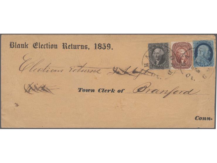 5c. red brown, fresh colour and clear to large margins and 1857 Franklin 1c. blue, type V, and 12c. black, type I, tied by cd