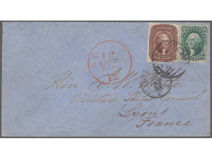 5 c. red-brown with white margins all around, showing small part of neighbour stamp at right, together with 1857, 10 c. green