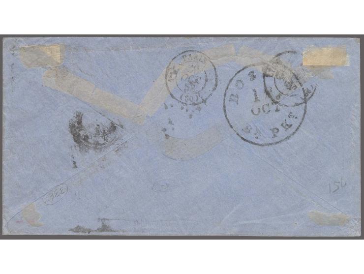 5 c. red-brown with white margins all around, showing small part of neighbour stamp at right, together with 1857, 10 c. green