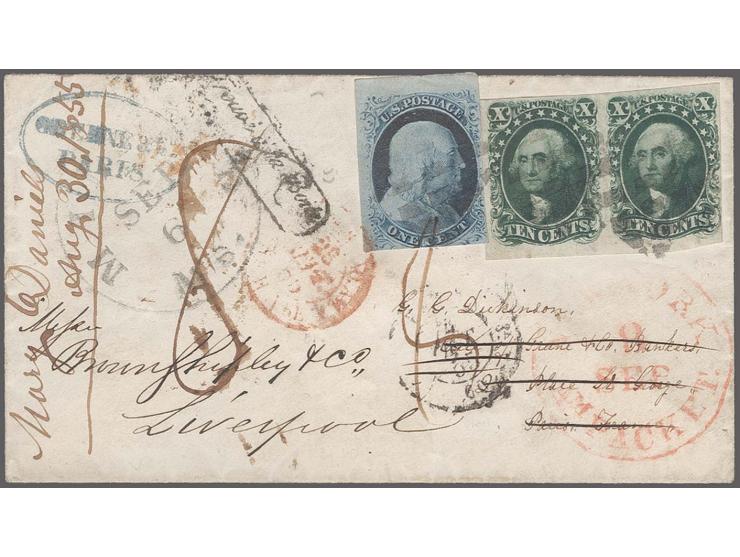 10c. green, type I, horizontal pair with fresh colour and good to large margins on three sides, just touched at right, 1c. bl