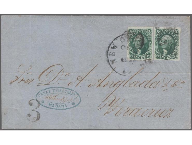 10c. green, type II and II, fresh colour and full to large margins all round, tied by grid cancels and left stamp also by cds