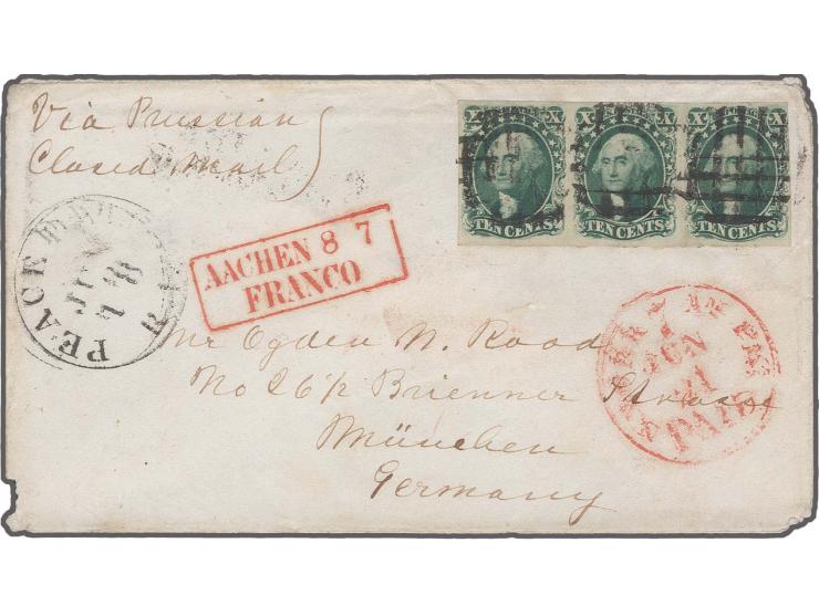 10c. green, type II and IV, horizontal strip of three, right stamp with recut at top and bottom, position 62-64L, large margi