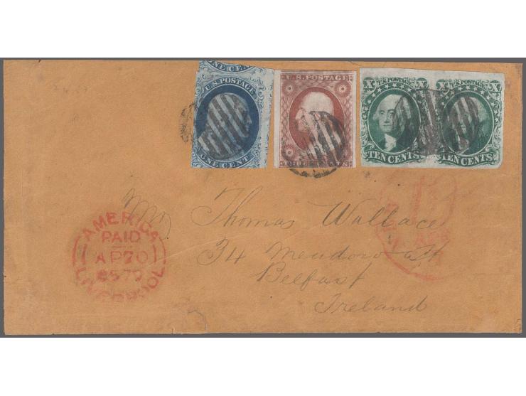 10c. green, type II, horizontal pair, fresh colour and full to large margins, 1c. blue, type II and 3c. claret, no inner fram
