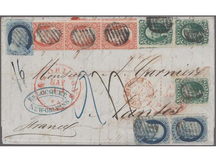 10c. vertical pair Type II and single Type III, 1c. blue vertical pair and single and 3c. red vertical strip of three, all go