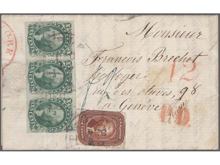10c. green, type II, IV, horizontal strip of three, right stamp Type IV recut at top, left pair Type II, positions 72L-74L, l