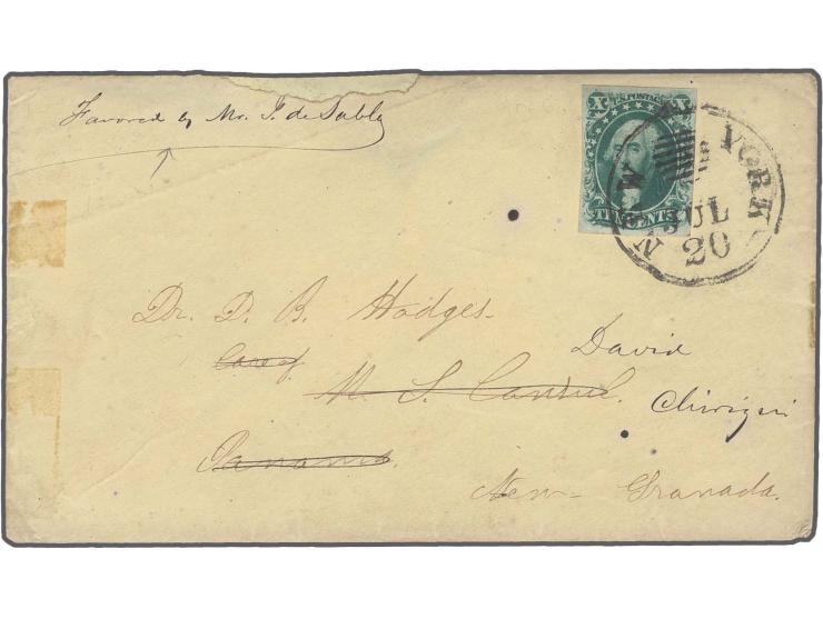 10 c. green, type III, full to large margins all round, tied by Ocean mail cds. "NEW YORK JUL 20" to pale yellow cover to Pan