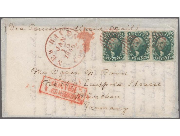 10c. green, type III, horizontal strip of three, very fresh colour, ample to large margins all round, tied by red grid cancel