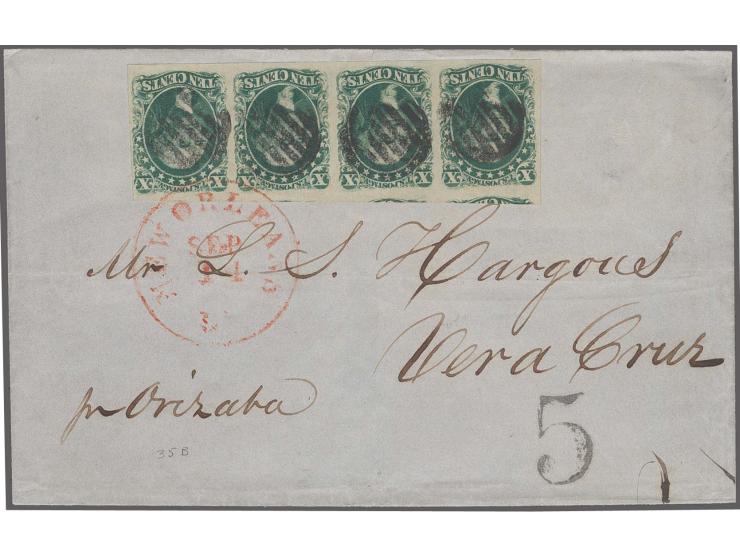 10c. green, type III, horizontal strip of four, positions 27-30RI, close to mostly large margins with parts of three adjoinin