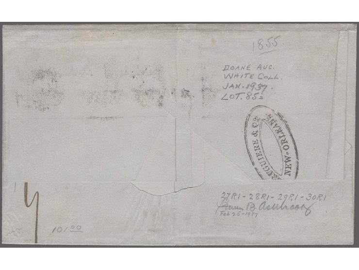 10c. green, type III, horizontal strip of four, positions 27-30RI, close to mostly large margins with parts of three adjoinin