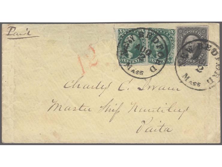 1851, 12c. black, mostly large margins, just touched at lower left and two singles 10 c. green (type II or III) large margins