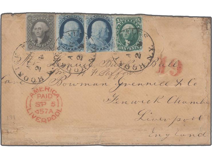 12 c. black, 10 c. green and 2 copies 1 c. blue, latter ones partly touched, otherwise clear to good margins, tied by datesta