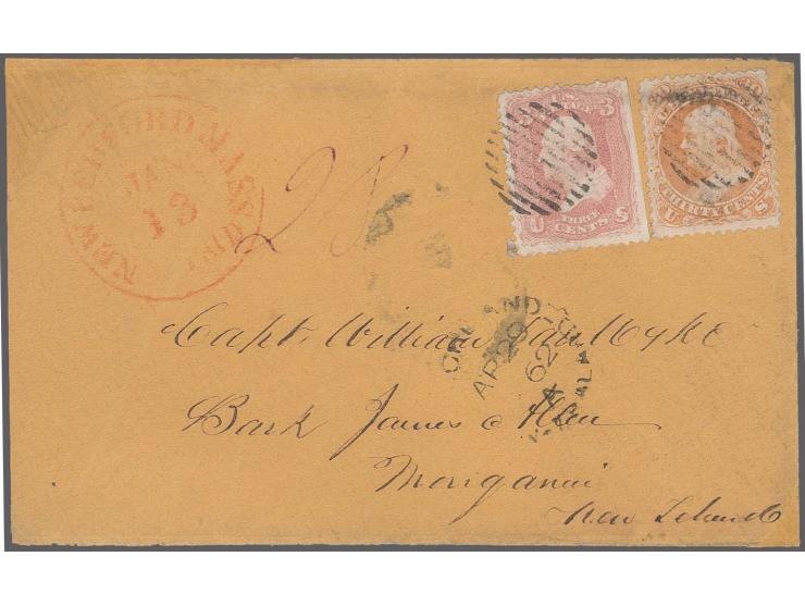 1861/67, 30 c. orange and 3 c. pink (straight-edge at right), tied by circle of bars to envelope with adjacent red "NEWÂ BEDF