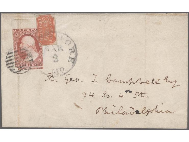 CITY CARRIER DEPARTMENT STAMPS: BALTIMORE:Â 1850/55, 1c. red with mostly full margins and 1851 WashingtonÂ 3c. brownish carmi