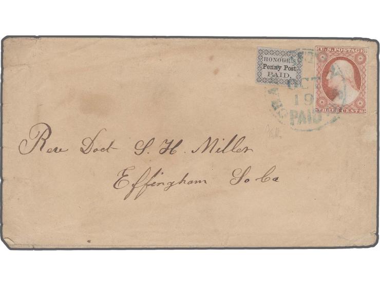 CHARLESTON: HONOURS CITY EXPRESS 1851/58, 2c. black on bluish with full margins all round and 1851 Washington 3c.Â dull red, 