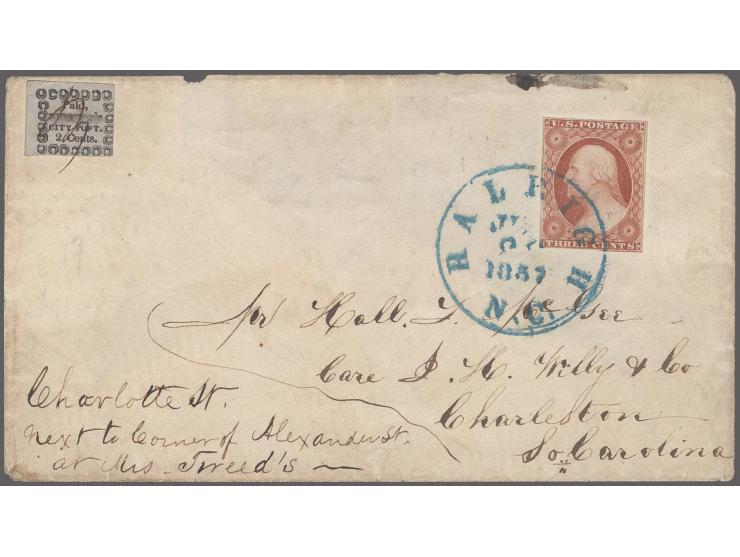 KINGMAN'S CITY POST: 2 c. black on blueish, "Kingman's" erased,Â top left corner sheet margins, other sides clear to touching