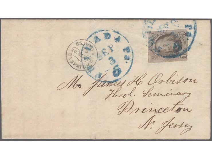 D.O. Blood & Co.:Â "BLOOD'S DESPATCH 28 SO. SIXTH" handstamp and 1847Â 5c. red brown, clear to full margins on three sides, t