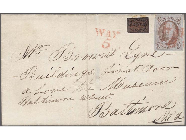 "DO Blood & Co" 1 c. bronze on black, acid tied, togehter with 1847 5 C. red brown, clear to large margins all round, tied by