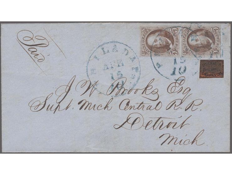 "Blood's Despatch" 1c. bronze with acid cancel and 5 C. dark brown, vertical pair with clear to large margins all round, all 