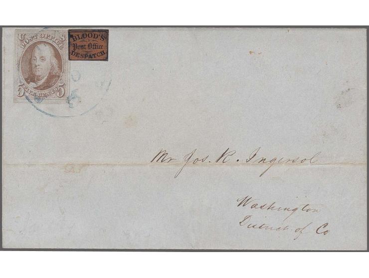 "Blood's City Despatch" 2 c. bronze and 1847Â 5c. red brown, clear to large margins all round tied by light blue cds. "PHILAD