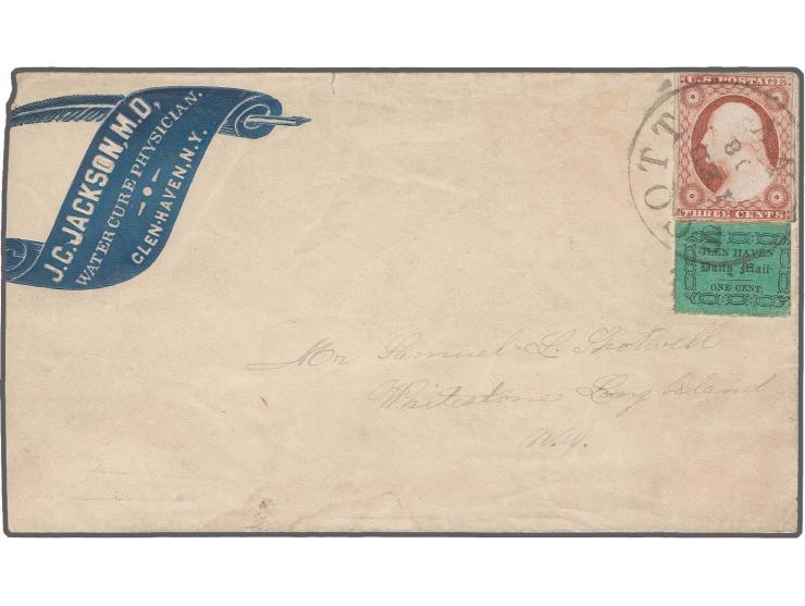 GLEN HAVEN DAILY MAIL: 1c. black on green, three large margins, just touched at right together with 1851 3c. dull red, inner 