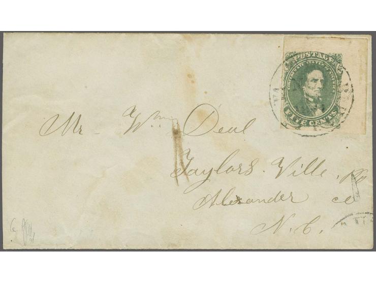 1861/62, Jefferson Davis 5 c. , copy from the upper right sheet corner with good to wide margins at bottom and left and    / 