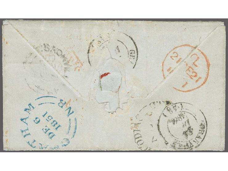 6 d. slate-violet, in horizontal strip of 3, the left stamp cut-into at bottom and left, otherwise clear to wide margins, tie