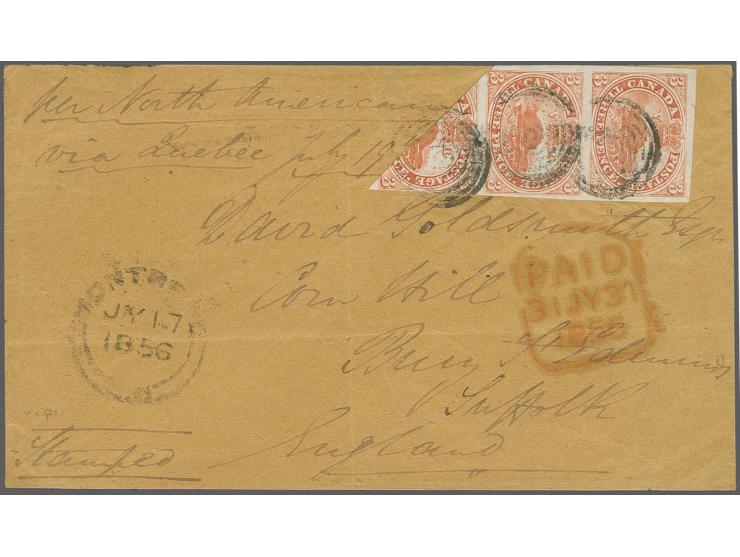 3 d. red, diagonal bisect in strip with 2 normal stamps, clear to mostly wide margins, tied by black target to envelope with 