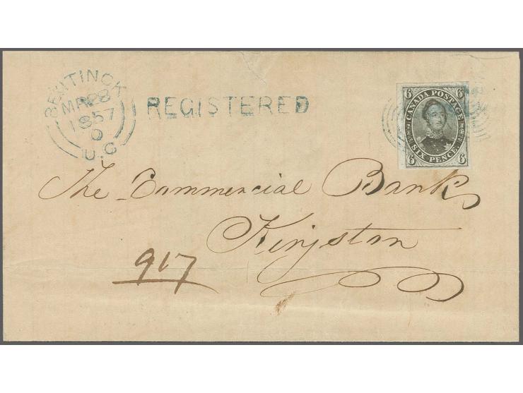 6 d. greenish grey, nice fresh colour and good to wide margins, tied by blue target cancels with adjacent blue "BENTINCK MR 2