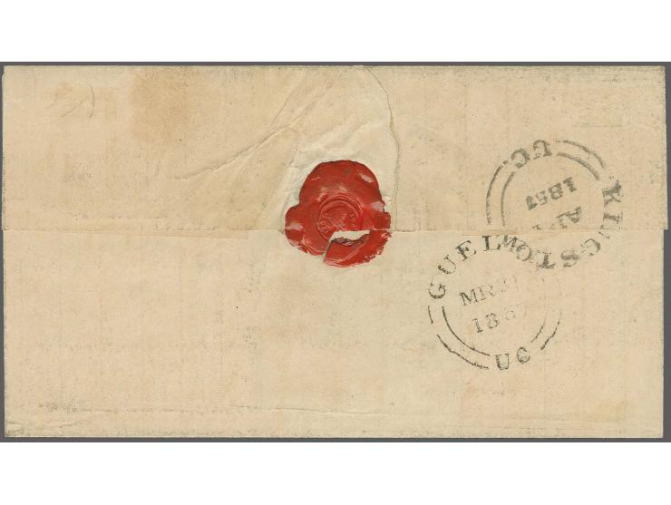 6 d. greenish grey, nice fresh colour and good to wide margins, tied by blue target cancels with adjacent blue "BENTINCK MR 2