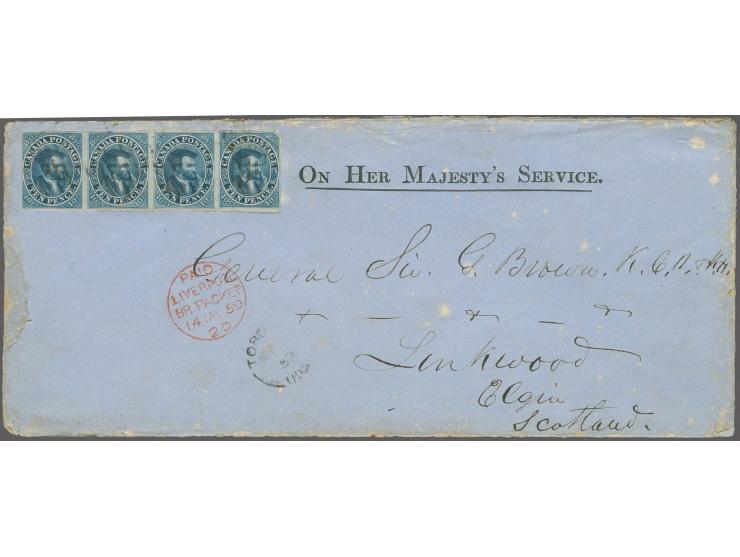 10 d. blue in horizontal strip of 4, cut-into at left and right, otherwise good to wide margins, tied by square grid cancel t