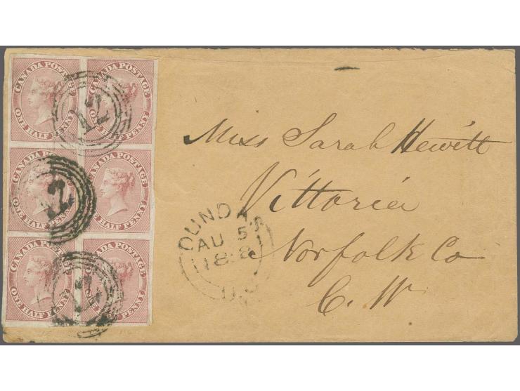 Â½ d. rose in vertical block of 6, tiny scissors cut just touching the frame line at lower right, otherwise clear to mostly w